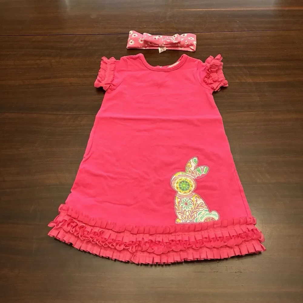 Just Blanks Pink Dressed W/ Bunny Rabbit And Daisy Hair Bow band. Ruffle 18 Mths